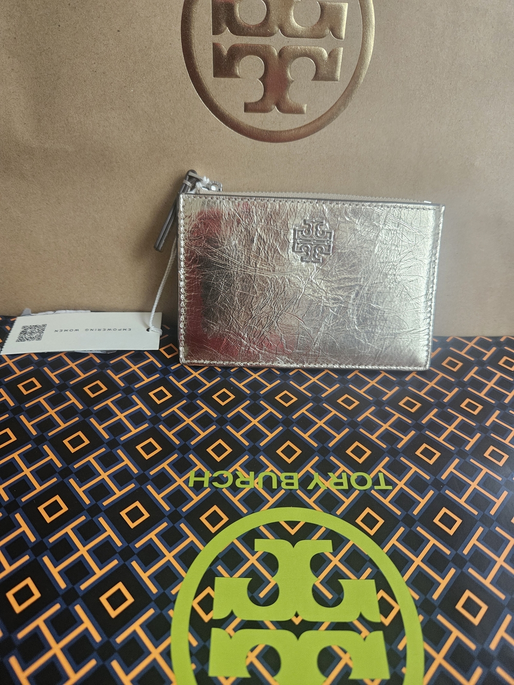 Tory Burch Metallic Leather Zip Card Case Wallet